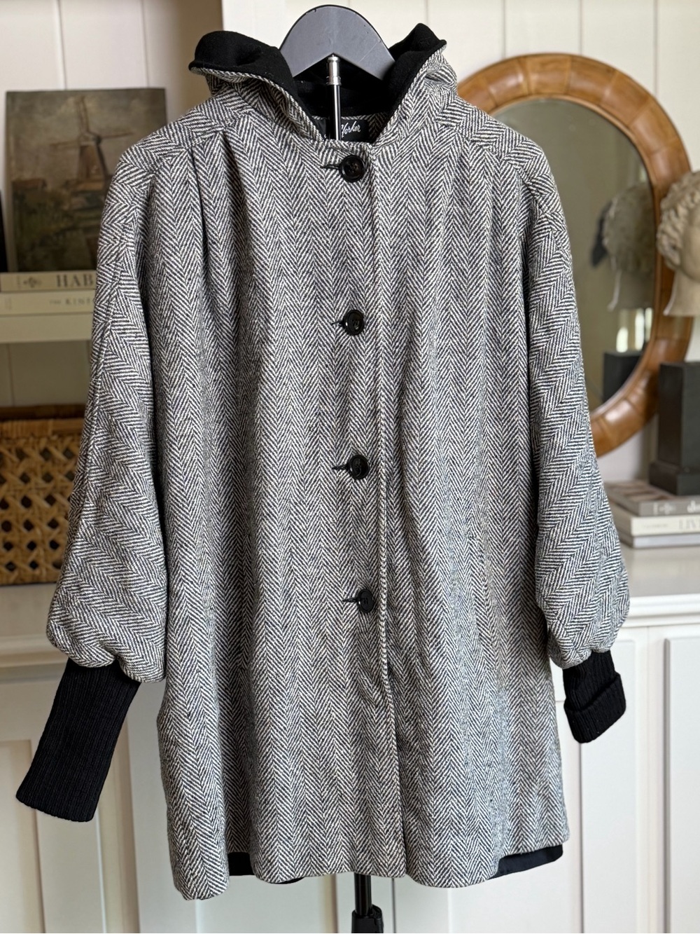 🖤 Vintage Miss New Yorker Herringbone Hooded Coat | Size M | Gray Black
